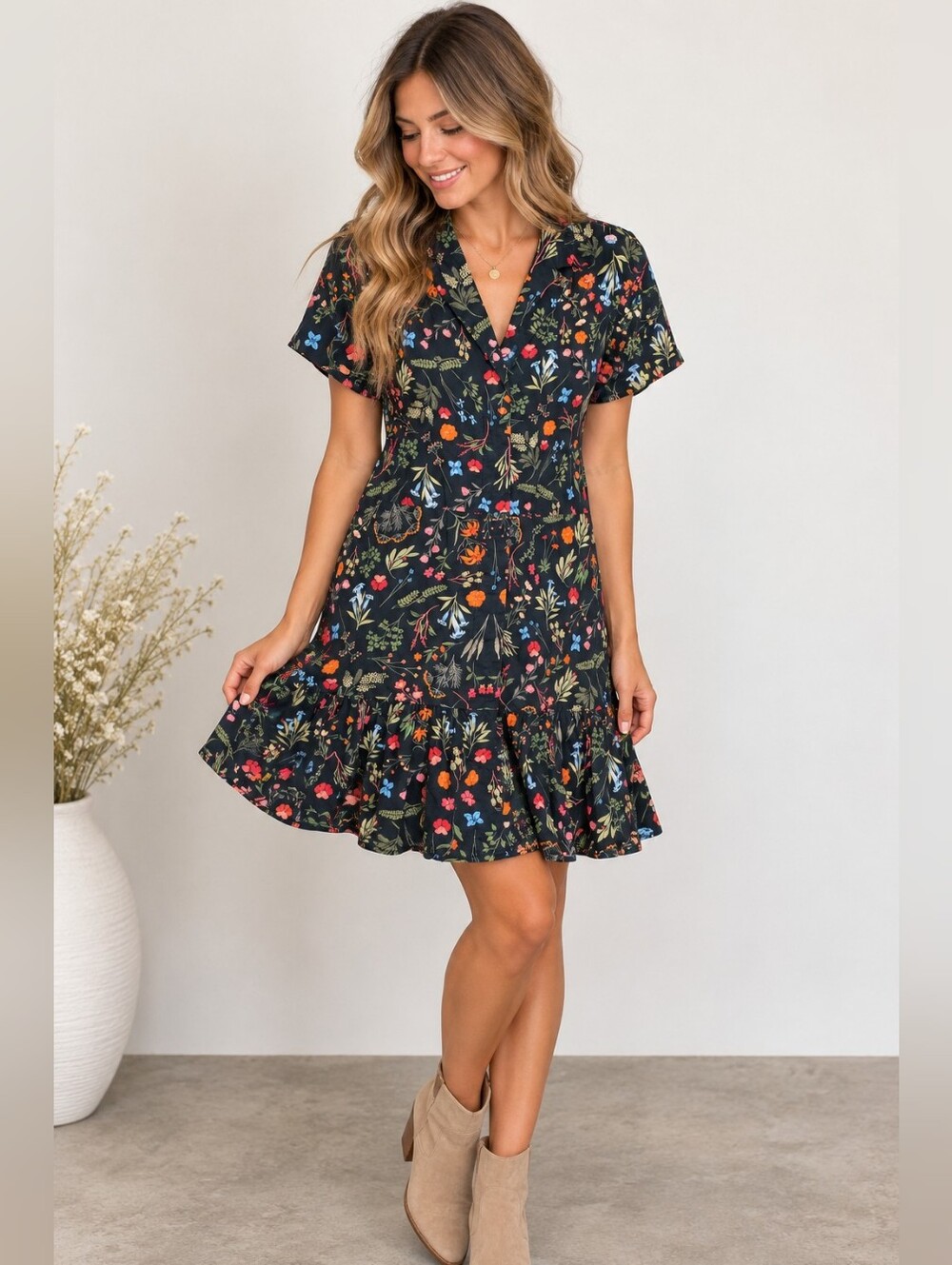 Hutch Size Small Black Botanical Floral Ruffle Hem Mini Dress